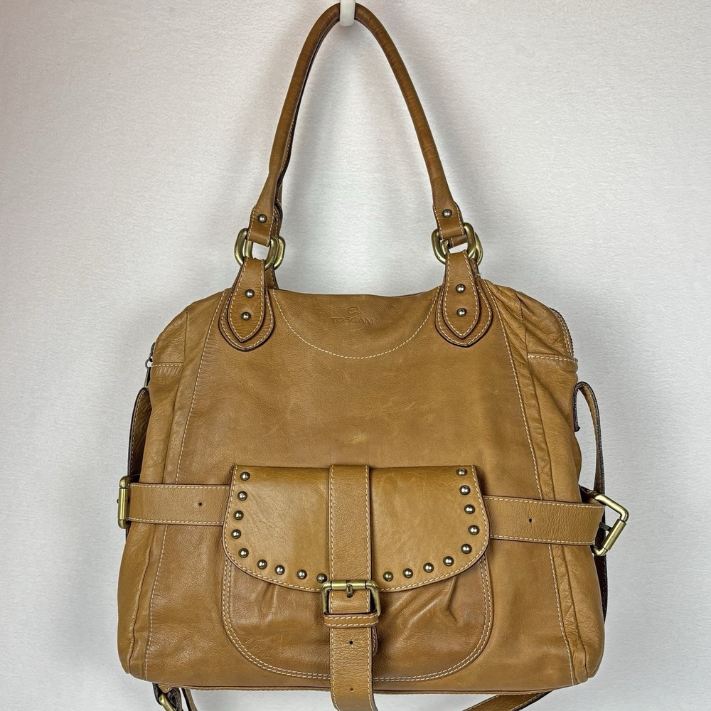 Toscani Italian Soft Leather Shoulder Bag Tan Camel Studded Front Pocket Buckles